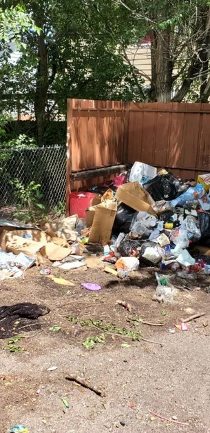 Yard with debris before cleanup